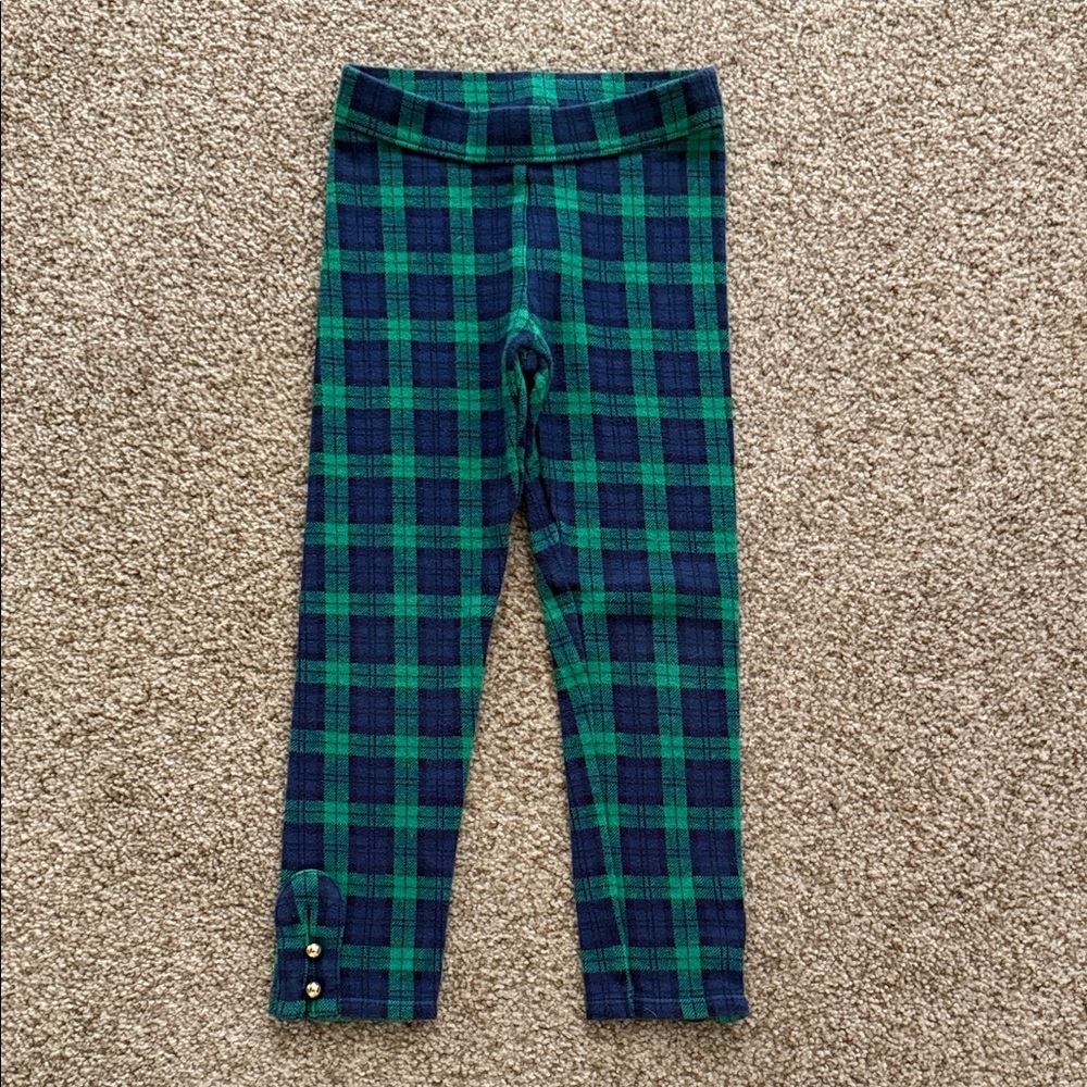 Janie and Jack Green and Navy Plaid Leggings with Button Detail
